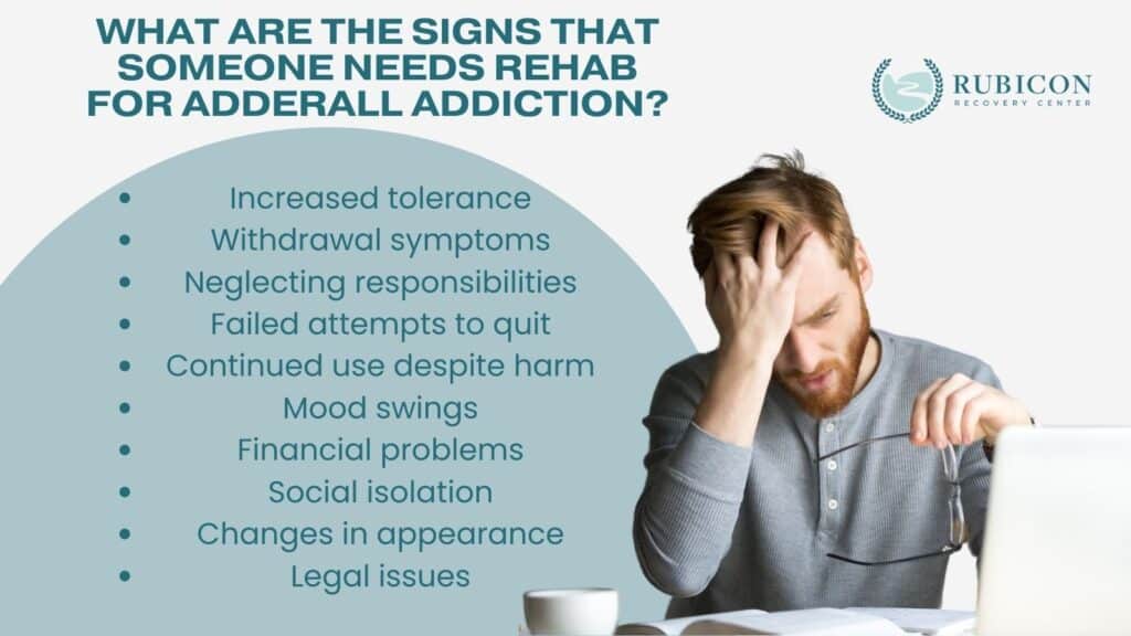 Info graphic with man studying and a list of signs that someone needs rehab for Adderall addiction.